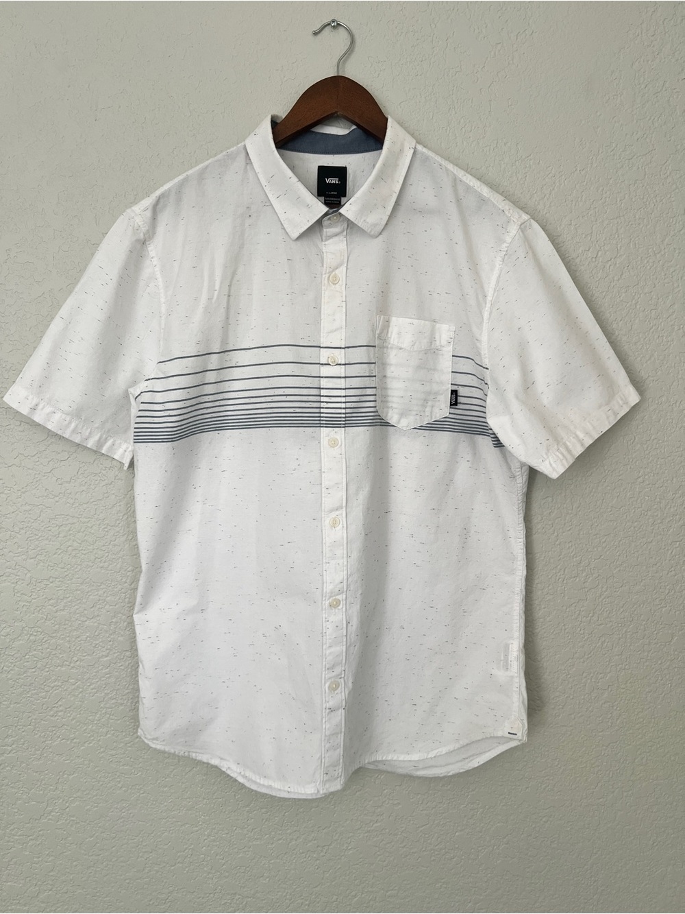 Vans White Short-Sleeve Button-Up with Navy Horizontal Stripe